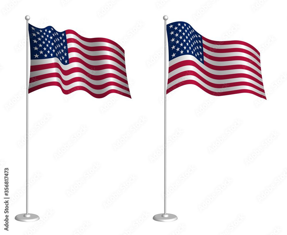 American flag on flagpole waving in the wind. Holiday design element. Checkpoint for map symbols. Isolated vector on white background