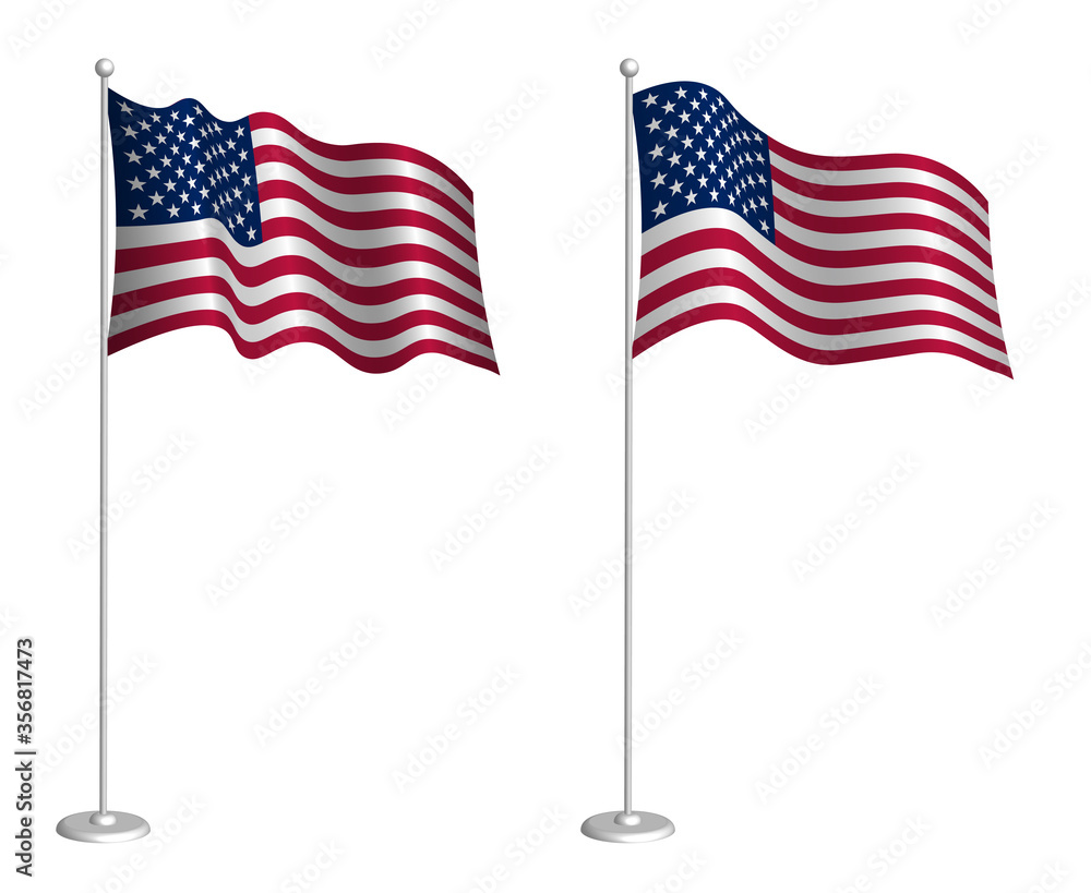 American flag on flagpole waving in the wind. Holiday design element. Checkpoint for map symbols. Isolated vector on white background American flag on flagpole waving in the wind. Holiday design element. Checkpoint for map symbols. Isolated vector on white background