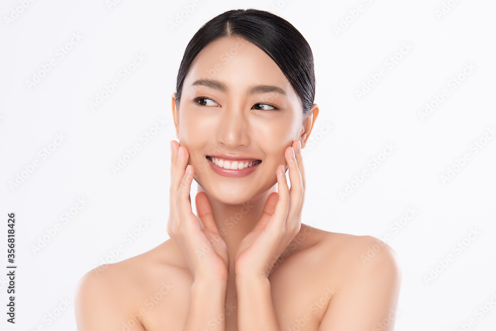 Beautiful Young asian Woman touching her clean face with fresh Healthy Skin, isolated on white background, Beauty Cosmetics and Facial treatment Concept. Beautiful Young asian Woman touching her clean face with fresh Healthy Skin, isolated on white background, Beauty Cosmetics and Facial treatment Concept.