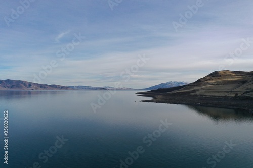 Aerial view of Pyamid Lake near Reno  Nevada on calm winter afternoon.