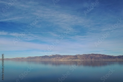 Aerial view of Pyamid Lake near Reno  Nevada on calm winter afternoon.