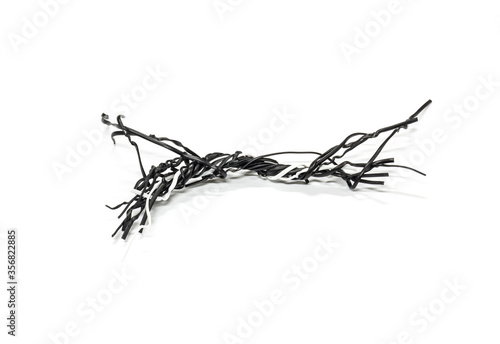 Black wire for strap on white background.