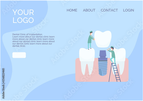 Vector website design in a flat style. Two implantologist doctors install a dental implant: put a crown on the abutment. Healthy teeth nearby. Blue and white colors, cartoon style clip art.