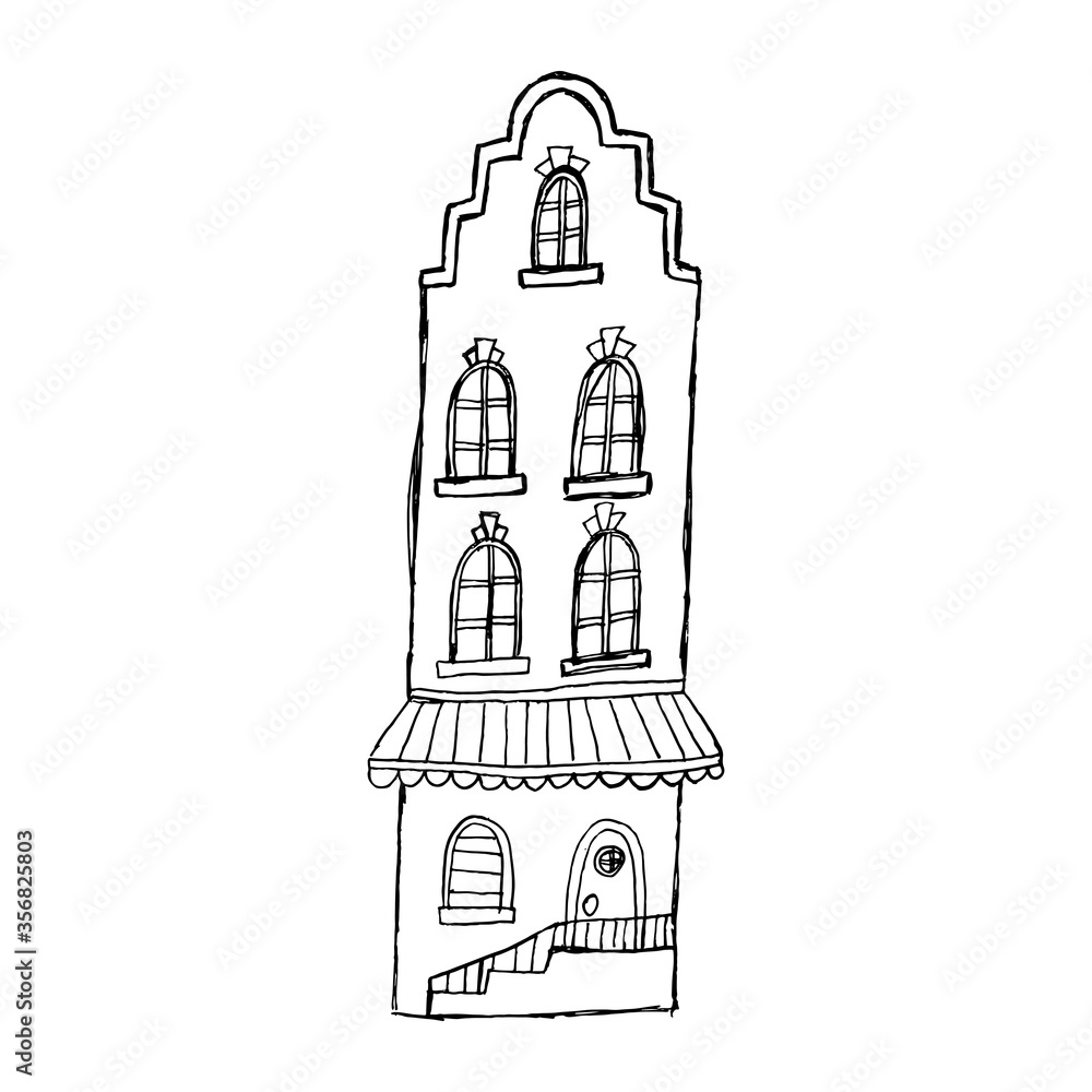Hand drawn house outline illustration. Traditional vintage building in the city of Amsterdam