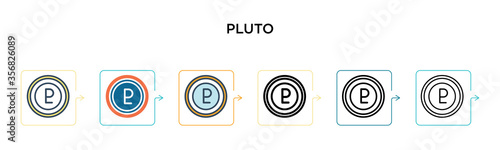 Pluto vector icon in 6 different modern styles. Black, two colored pluto icons designed in filled, outline, line and stroke style. Vector illustration can be used for web, mobile, ui