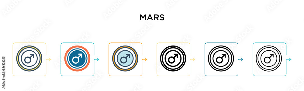 Mars vector icon in 6 different modern styles. Black, two colored mars icons designed in filled, outline, line and stroke style. Vector illustration can be used for web, mobile, ui Mars vector icon in 6 different modern styles. Black, two colored mars icons designed in filled, outline, line and stroke style. Vector illustration can be used for web, mobile, ui