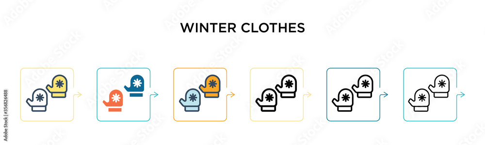 Winter clothes vector icon in 6 different modern styles. Black, two colored winter clothes icons designed in filled, outline, line and stroke style. Vector illustration can be used for web, mobile, ui Winter clothes vector icon in 6 different modern styles. Black, two colored winter clothes icons designed in filled, outline, line and stroke style. Vector illustration can be used for web, mobile, ui