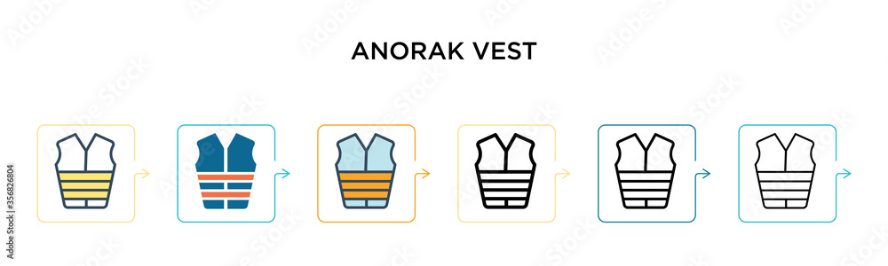 Anorak vest vector icon in 6 different modern styles. Black, two colored anorak vest icons designed in filled, outline, line and stroke style. Vector illustration can be used for web, mobile, ui