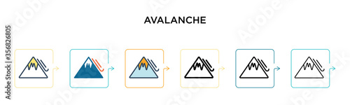 Avalanche vector icon in 6 different modern styles. Black, two colored avalanche icons designed in filled, outline, line and stroke style. Vector illustration can be used for web, mobile, ui