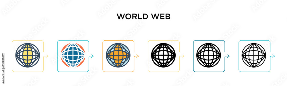 World web vector icon in 6 different modern styles. Black, two colored world web icons designed in filled, outline, line and stroke style. Vector illustration can be used for web, mobile, ui World web vector icon in 6 different modern styles. Black, two colored world web icons designed in filled, outline, line and stroke style. Vector illustration can be used for web, mobile, ui