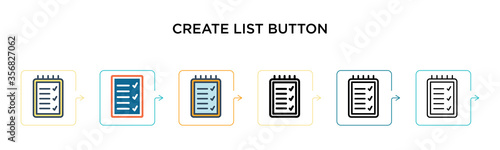 Create list button vector icon in 6 different modern styles. Black, two colored create list button icons designed in filled, outline, line and stroke style. Vector illustration can be used for web,