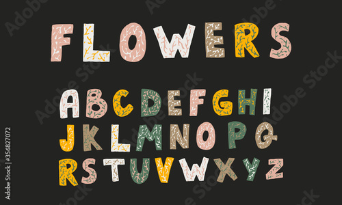 Hand dawn vector alphabet isolated on white background. English Abc capital letters with floral design. Beautiful spring illustration