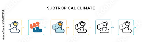 Subtropical climate vector icon in 6 different modern styles. Black, two colored subtropical climate icons designed in filled, outline, line and stroke style. Vector illustration can be used for web,