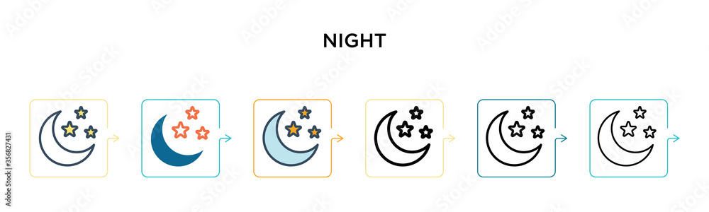Night vector icon in 6 different modern styles. Black, two colored night icons designed in filled, outline, line and stroke style. Vector illustration can be used for web, mobile, ui Night vector icon in 6 different modern styles. Black, two colored night icons designed in filled, outline, line and stroke style. Vector illustration can be used for web, mobile, ui