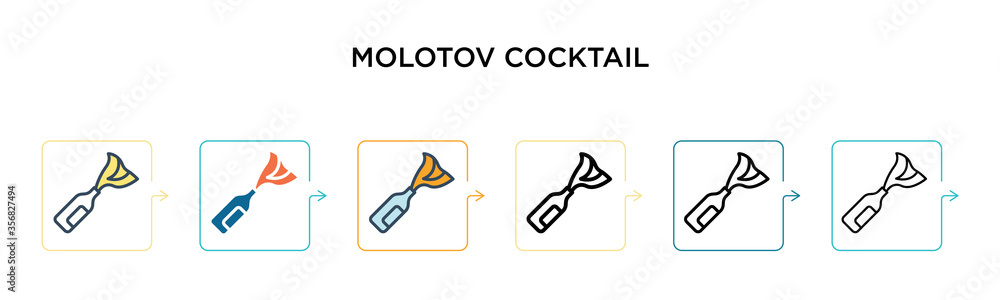 Molotov cocktail vector icon in 6 different modern styles. Black, two colored molotov cocktail icons designed in filled, outline, line and stroke style. Vector illustration can be used for web,