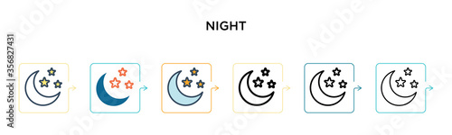 Night vector icon in 6 different modern styles. Black, two colored night icons designed in filled, outline, line and stroke style. Vector illustration can be used for web, mobile, ui