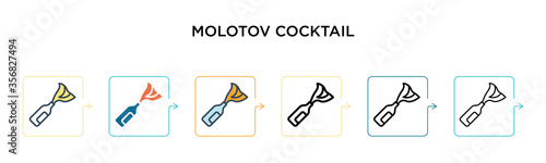 Molotov cocktail vector icon in 6 different modern styles. Black, two colored molotov cocktail icons designed in filled, outline, line and stroke style. Vector illustration can be used for web,