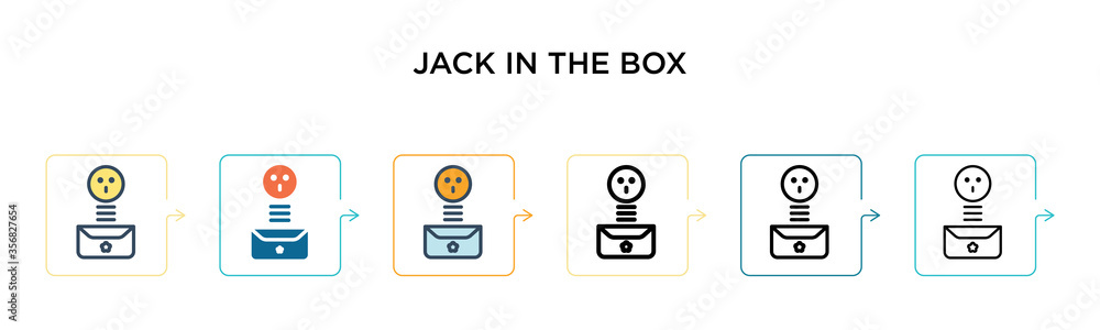 Jack in the box vector icon in 6 different modern styles. Black, two colored jack in the box icons designed in filled, outline, line and stroke style. Vector illustration can be used for web, mobile, Jack in the box vector icon in 6 different modern styles. Black, two colored jack in the box icons designed in filled, outline, line and stroke style. Vector illustration can be used for web, mobile,