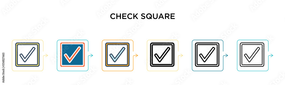 Check square vector icon in 6 different modern styles. Black, two colored check square icons designed in filled, outline, line and stroke style. Vector illustration can be used for web, mobile, ui Check square vector icon in 6 different modern styles. Black, two colored check square icons designed in filled, outline, line and stroke style. Vector illustration can be used for web, mobile, ui