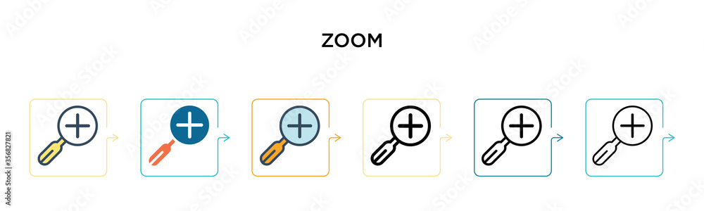 Zoom vector icon in 6 different modern styles. Black, two colored zoom icons designed in filled, outline, line and stroke style. Vector illustration can be used for web, mobile, ui Zoom vector icon in 6 different modern styles. Black, two colored zoom icons designed in filled, outline, line and stroke style. Vector illustration can be used for web, mobile, ui