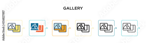 Gallery vector icon in 6 different modern styles. Black, two colored gallery icons designed in filled, outline, line and stroke style. Vector illustration can be used for web, mobile, ui