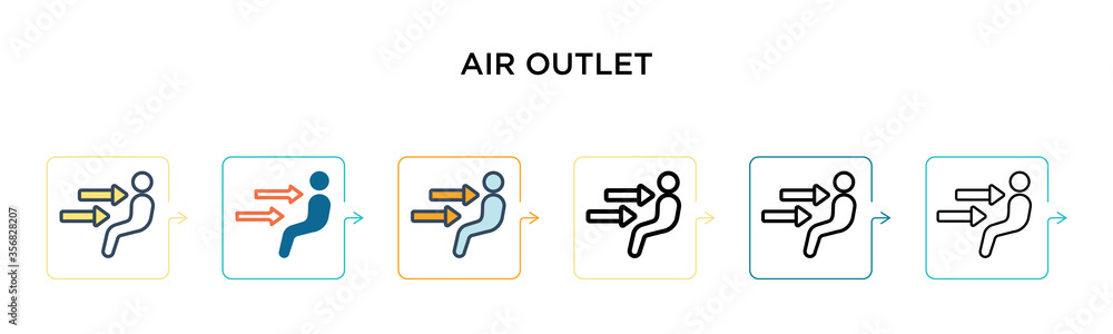 Air outlet vector icon in 6 different modern styles. Black, two colored air outlet icons designed in filled, outline, line and stroke style. Vector illustration can be used for web, mobile, ui
