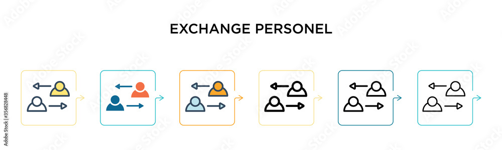 Exchange personel vector icon in 6 different modern styles. Black, two colored exchange personel icons designed in filled, outline, line and stroke style. Vector illustration can be used for web, - obrazy, fototapety, plakaty 