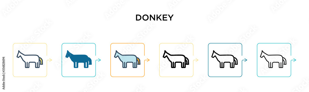 Donkey vector icon in 6 different modern styles. Black, two colored donkey icons designed in filled, outline, line and stroke style. Vector illustration can be used for web, mobile, ui