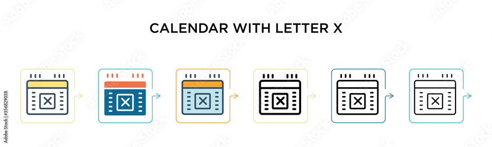 Calendar with letter x vector icon in 6 different modern styles. Black, two colored calendar with letter x icons designed in filled, outline, line and stroke style. Vector illustration can be used for Calendar with letter x vector icon in 6 different modern styles. Black, two colored calendar with letter x icons designed in filled, outline, line and stroke style. Vector illustration can be used for