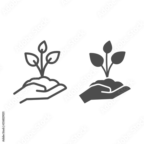 Young sprout with three leaves in hand line and solid icon, save nature concept, seedling with handful of soil on human palm sign on white background, young plant icon, outline style. Vector graphics.