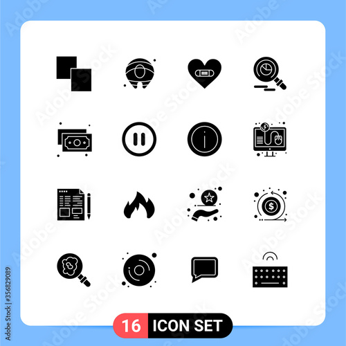 Set of 16 Vector Solid Glyphs on Grid for interface, finance, heart, cash, faind photo