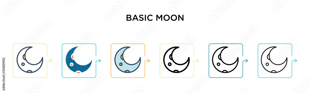 Basic moon vector icon in 6 different modern styles. Black, two colored basic moon icons designed in filled, outline, line and stroke style. Vector illustration can be used for web, mobile, ui Basic moon vector icon in 6 different modern styles. Black, two colored basic moon icons designed in filled, outline, line and stroke style. Vector illustration can be used for web, mobile, ui