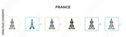 France vector icon in 6 different modern styles. Black, two colored france icons designed in filled, outline, line and stroke style. Vector illustration can be used for web, mobile, ui