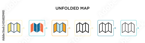 Unfolded map vector icon in 6 different modern styles. Black, two colored unfolded map icons designed in filled, outline, line and stroke style. Vector illustration can be used for web, mobile, ui