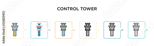 Control tower vector icon in 6 different modern styles. Black, two colored control tower icons designed in filled, outline, line and stroke style. Vector illustration can be used for web, mobile, ui