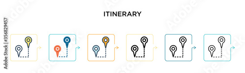 Itinerary vector icon in 6 different modern styles. Black, two colored itinerary icons designed in filled, outline, line and stroke style. Vector illustration can be used for web, mobile, ui