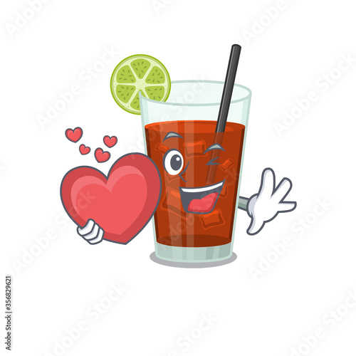 A sweet cuba libre cocktail cartoon character style holding a big heart