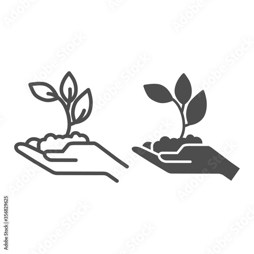Young sprout with three leaves in hand line and solid icon, ecology concept, seedling with handful of soil on hand sign on white background, young growth icon in outline style for mobile. Vector