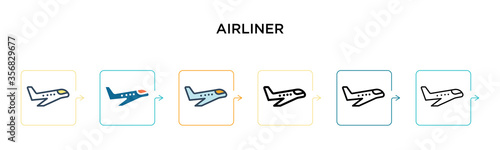 Airliner vector icon in 6 different modern styles. Black, two colored airliner icons designed in filled, outline, line and stroke style. Vector illustration can be used for web, mobile, ui
