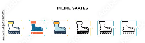 Inline skates vector icon in 6 different modern styles. Black, two colored inline skates icons designed in filled, outline, line and stroke style. Vector illustration can be used for web, mobile, ui