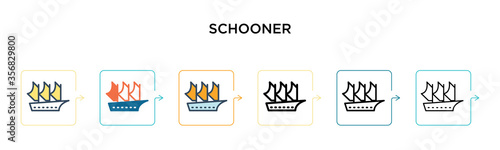 Schooner vector icon in 6 different modern styles. Black, two colored schooner icons designed in filled, outline, line and stroke style. Vector illustration can be used for web, mobile, ui