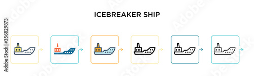 Icebreaker ship vector icon in 6 different modern styles. Black, two colored icebreaker ship icons designed in filled, outline, line and stroke style. Vector illustration can be used for web, mobile,