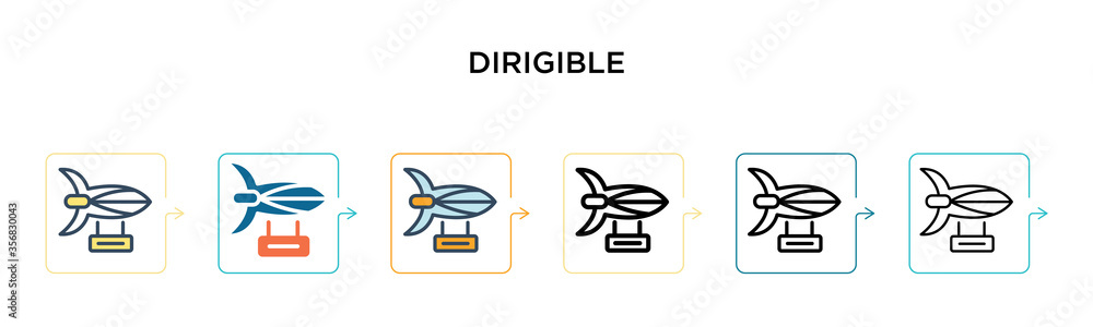 Dirigible vector icon in 6 different modern styles. Black, two colored dirigible icons designed in filled, outline, line and stroke style. Vector illustration can be used for web, mobile, ui Dirigible vector icon in 6 different modern styles. Black, two colored dirigible icons designed in filled, outline, line and stroke style. Vector illustration can be used for web, mobile, ui