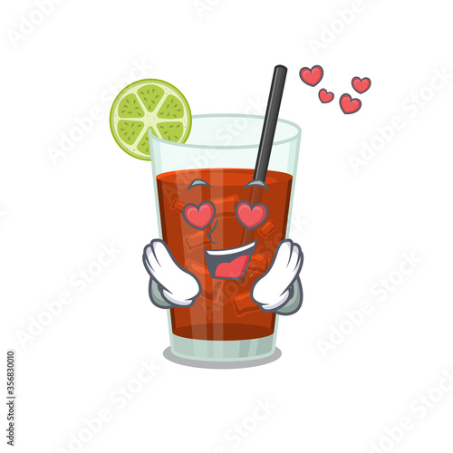 Romantic cuba libre cocktail cartoon character has a falling in love eyes