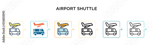 Airport shuttle vector icon in 6 different modern styles. Black, two colored airport shuttle icons designed in filled, outline, line and stroke style. Vector illustration can be used for web, mobile,