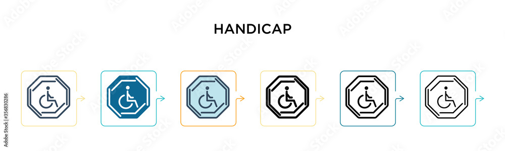 Handicap sign vector icon in 6 different modern styles. Black, two colored handicap sign icons designed in filled, outline, line and stroke style. Vector illustration can be used for web, mobile, ui Handicap sign vector icon in 6 different modern styles. Black, two colored handicap sign icons designed in filled, outline, line and stroke style. Vector illustration can be used for web, mobile, ui