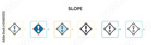 Slope sign vector icon in 6 different modern styles. Black, two colored slope sign icons designed in filled, outline, line and stroke style. Vector illustration can be used for web, mobile, ui