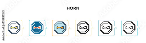 Horn sign vector icon in 6 different modern styles. Black, two colored horn sign icons designed in filled, outline, line and stroke style. Vector illustration can be used for web, mobile, ui