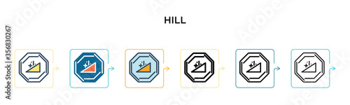 Hill sign vector icon in 6 different modern styles. Black, two colored hill sign icons designed in filled, outline, line and stroke style. Vector illustration can be used for web, mobile, ui