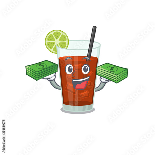 A wealthy cuba libre cocktail cartoon character with much money